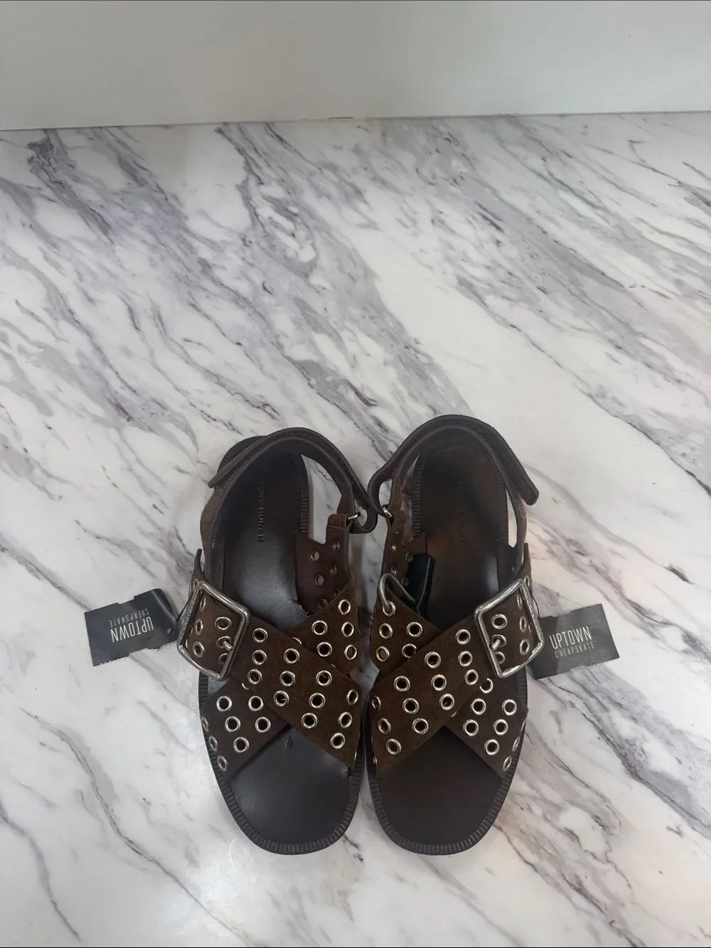Tory Burch Brown Suede Grommet Cross-Strap Sandals